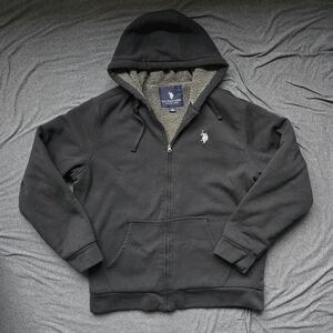 US Polo Assn. Mens XL Black Sherpa Lined Jacket Full Zip Hoodie Pockets